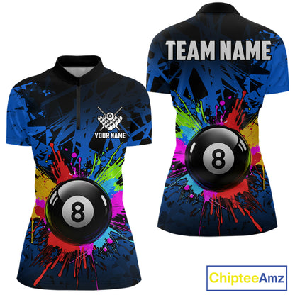 Colorful 8 Ball Pool Billiard Jersey For Women Custom Billiard Team Shirts Polo & Quarter Zip | Blue TDM6582