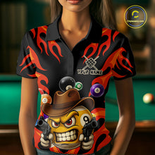 Load image into Gallery viewer, Woman wearing a red funny flame 9 ball billiard jersey beside a pool table front view.