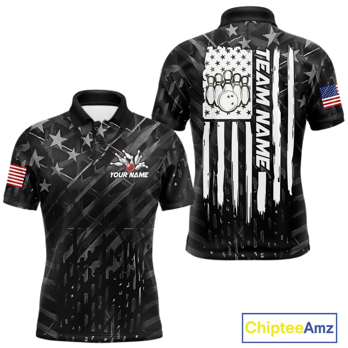 Black American flag bowling team jersey polo shirt for men featuring patriotic USA flag artwork, premium custom bowling league apparel for tournaments and team play.
