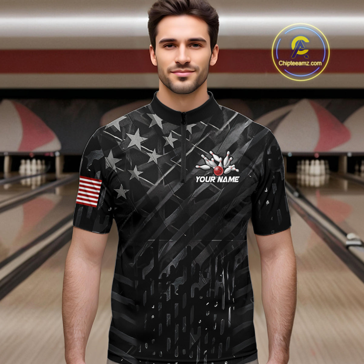 Man wearing black American flag bowling team jersey quarter zip shirt featuring patriotic American flag artwork, front view.