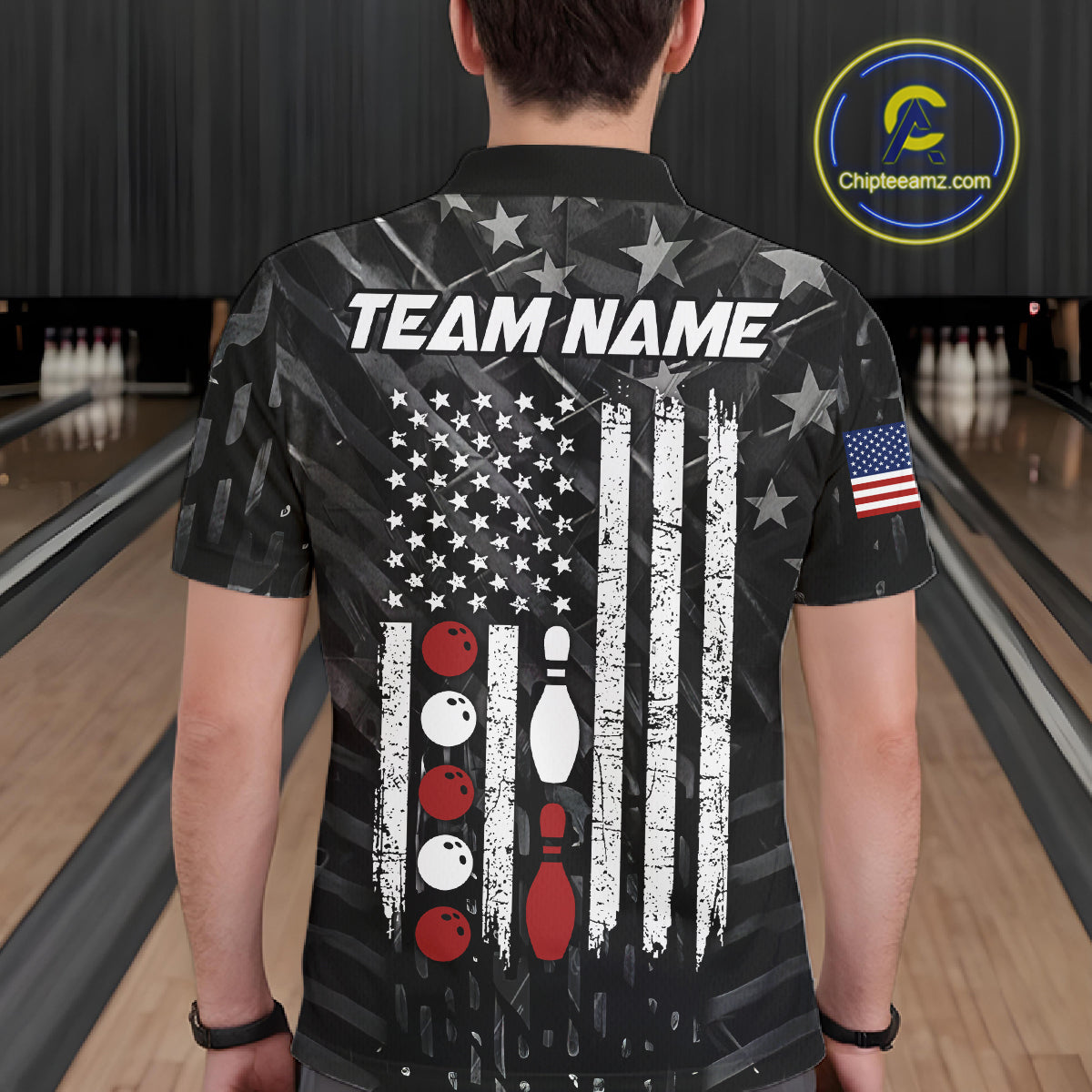 Man wearing black American flag patriotic bowling team jersey polo shirt featuring American flag artwork, back view.