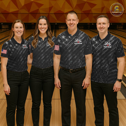 Bowling team wearing matching black American flag patriotic bowling team jerseys, front view.