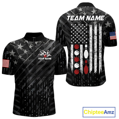 Black American flag patriotic bowling team jersey quarter zip shirt for men featuring patriotic USA artwork, premium custom bowling apparel.
