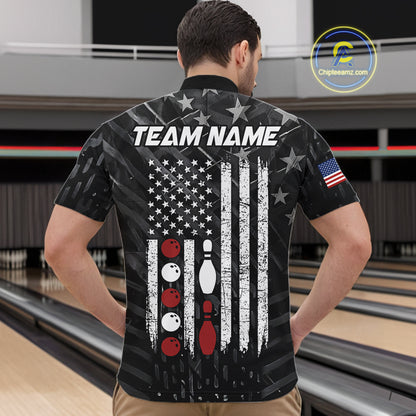Man wearing black American flag patriotic bowling team jersey quarter zip shirt featuring American flag artwork, back view.