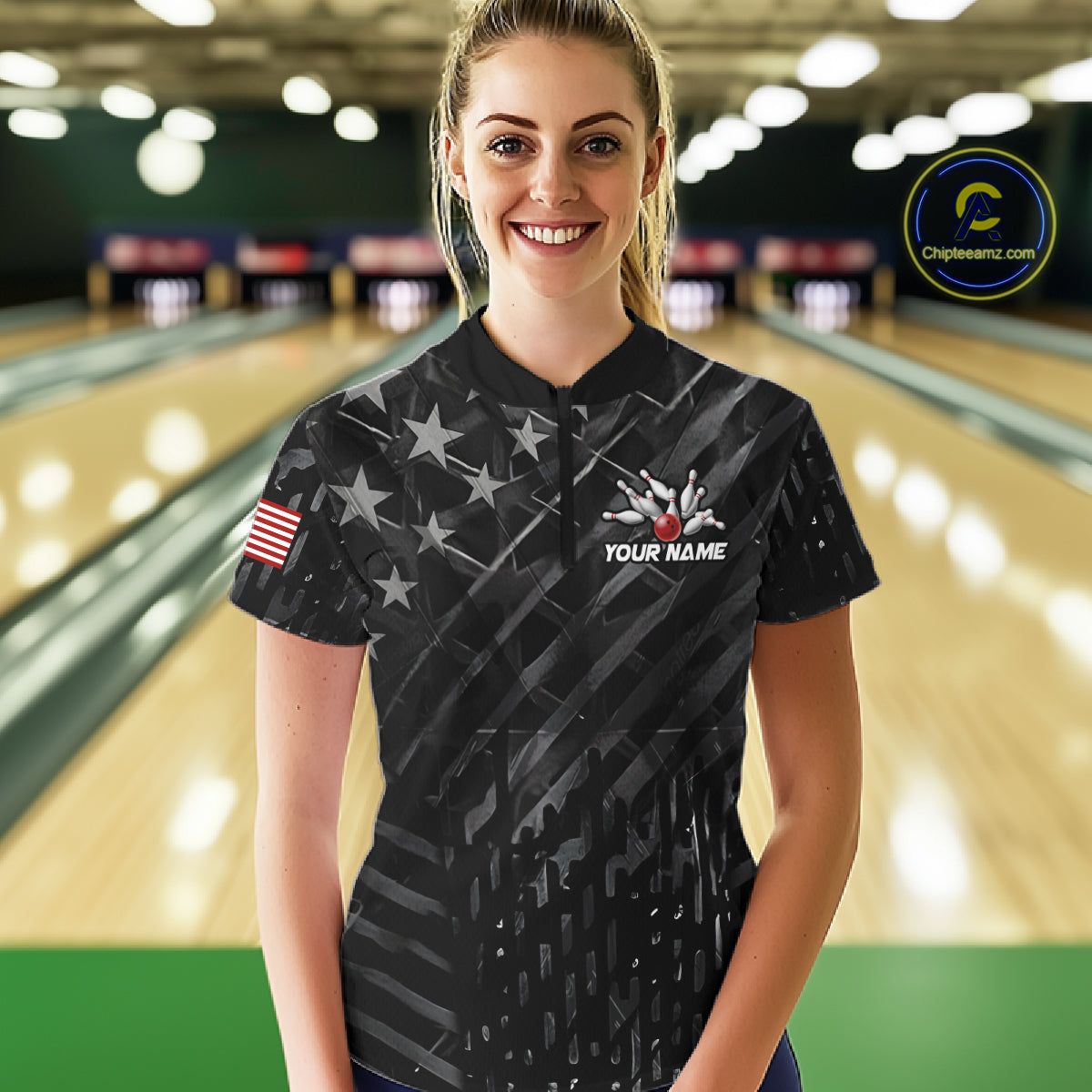 Woman wearing black American flag patriotic bowling team jersey quarter zip shirt featuring American flag artwork, front view.