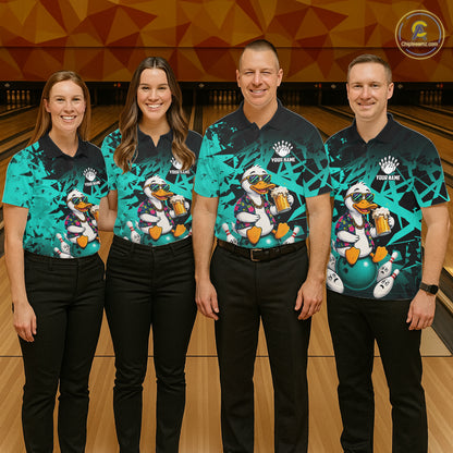 Bowling team wearing matching personalized turquoise funny duck beer bowling team jerseys, front view.