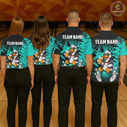 Bowling team wearing matching personalized turquoise funny duck beer bowling team jerseys, back view.