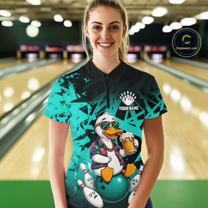 Woman wearing personalized turquoise funny duck beer bowling team jersey quarter zip shirt featuring funny duck beer artwork, front view.
