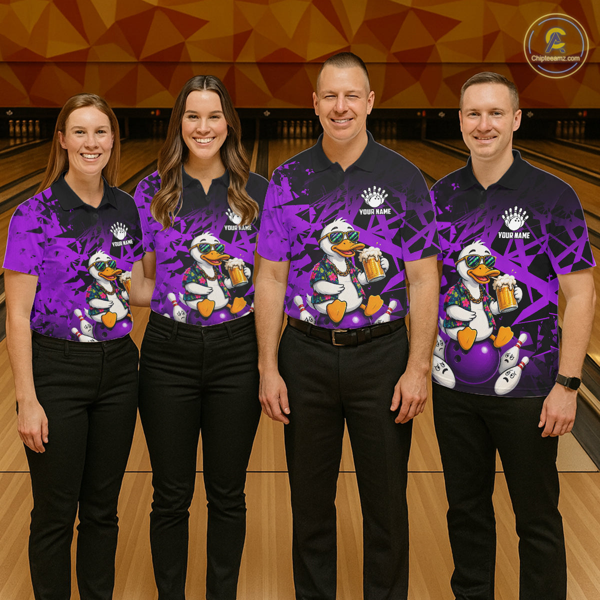 Bowling team wearing matching personalized purple funny duck beer bowling team jerseys, front view.