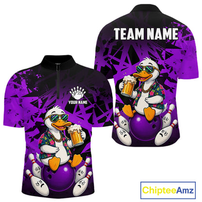 Personalized purple funny duck beer bowling team jersey quarter zip shirt for men featuring funny duck beer artwork, premium custom bowling apparel.