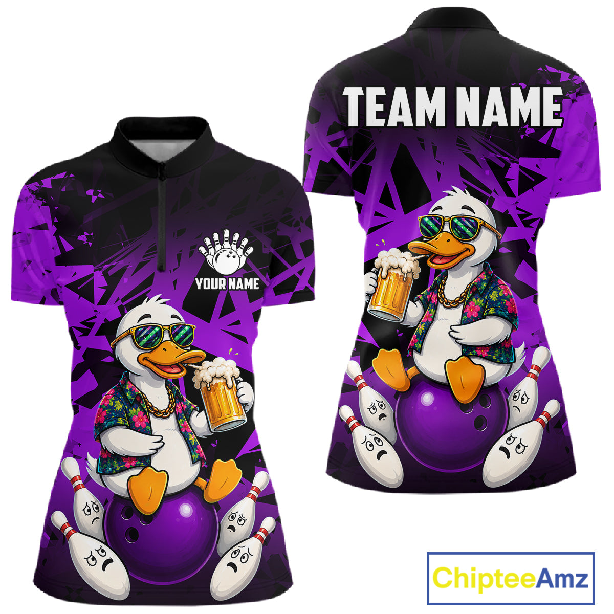 Personalized purple funny duck beer bowling team jersey quarter zip shirt for women featuring funny duck beer artwork, premium custom bowling apparel.