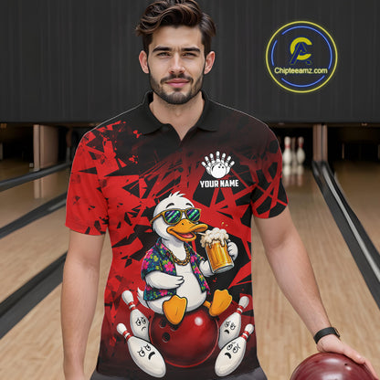 Man wearing personalized red funny duck beer bowling team jersey polo shirt featuring funny duck beer artwork, front view.