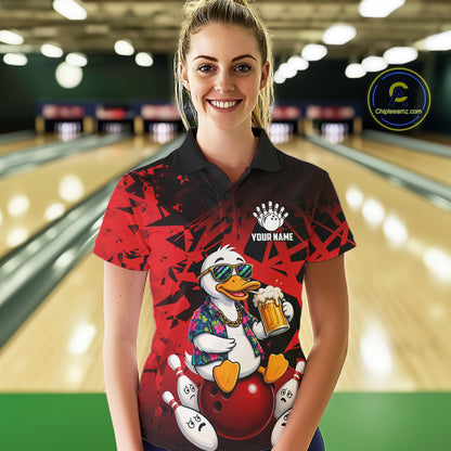 Woman wearing personalized red funny duck beer bowling team jersey polo shirt featuring funny duck beer artwork, front view.