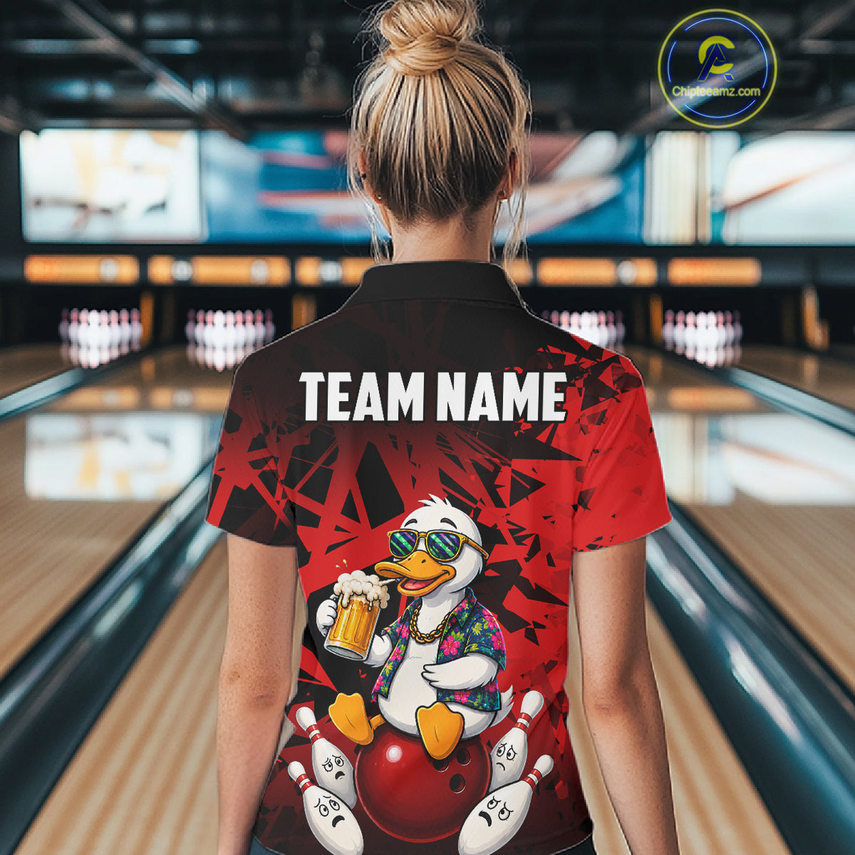 Woman wearing personalized red funny duck beer bowling team jersey polo shirt featuring funny duck beer artwork, back view.
