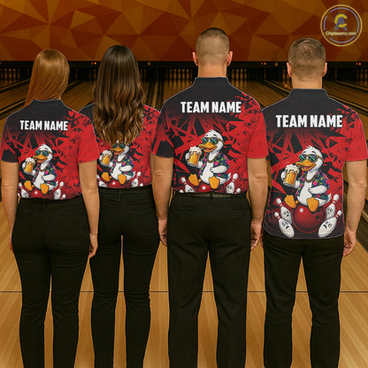Bowling team wearing matching personalized red funny duck beer bowling team jerseys, back view.
