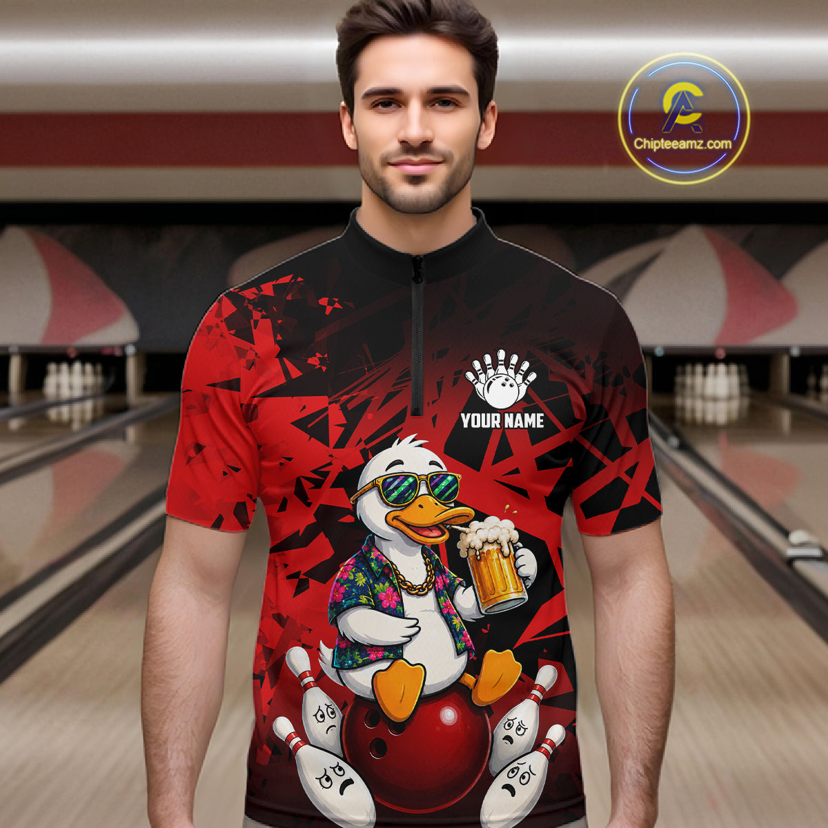 Man wearing personalized red funny duck beer bowling team jersey quarter zip shirt featuring funny duck beer artwork, front view.