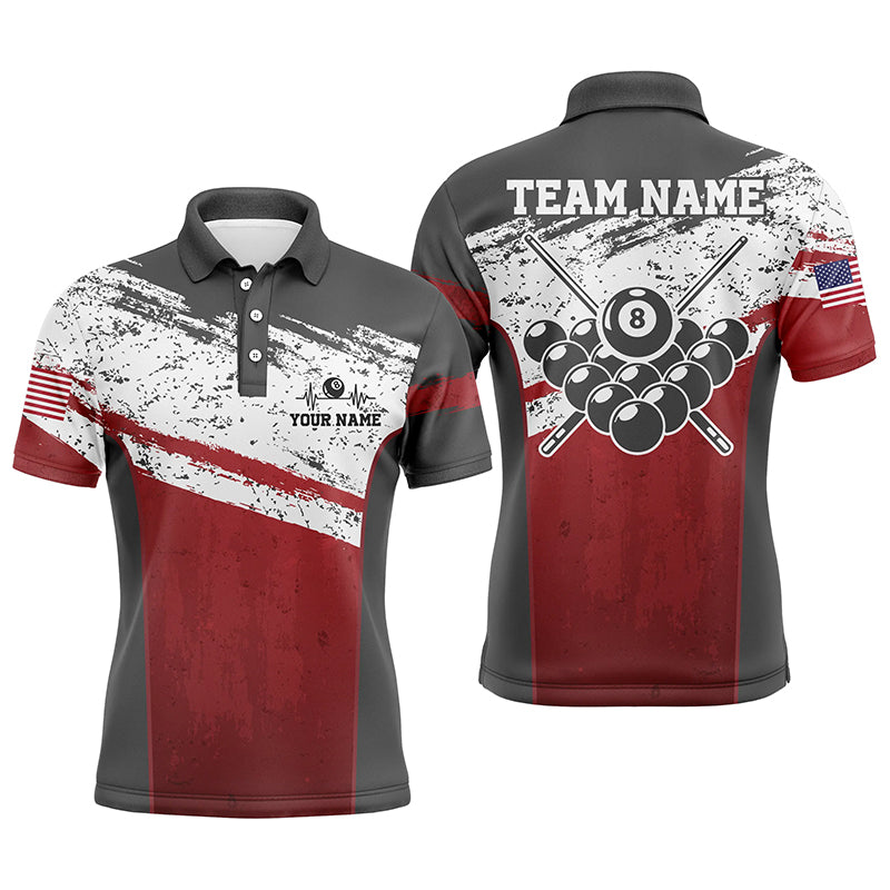 Red White Grunge Style Custom Billiard Jerseys For Men, Personalized Name Billiard Polo Shirts  TDM0181