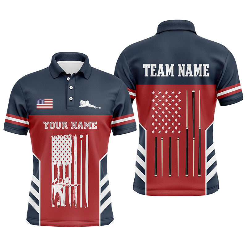 Billiard American Flag Red Navy Custom Polo Shirts For Men, Personalized Unique Billiard Jerseys TDM0188