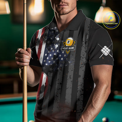 Personalized Vintage Smoke US Flag Billiard Shirts For Men, 9 Ball Pool Patriotic Billiard Jersey TDM4845