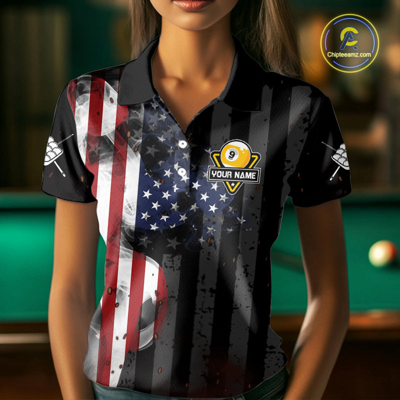 Personalized Vintage Smoke US Flag Billiard Shirts For Women, 9 Ball Pool Patriotic Billiard Jersey TDM4845
