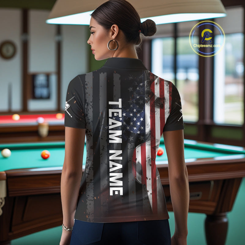 Personalized Vintage Smoke US Flag Billiard Shirts For Women, 9 Ball Pool Patriotic Billiard Jersey TDM4845