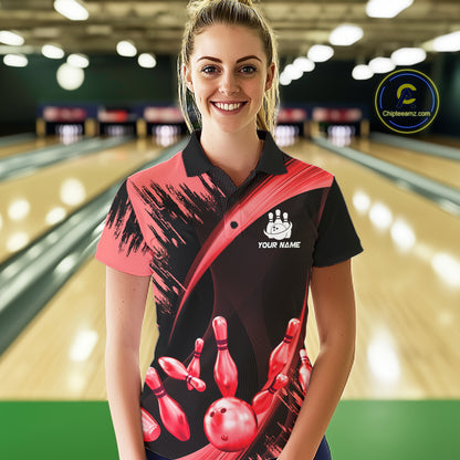 Personalized Black And Red Bowling Polo, Quarter Zip Shirts For Women Custom Bowling Team Jersey TDM7621