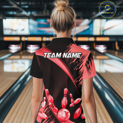 Personalized Black And Red Bowling Polo, Quarter Zip Shirts For Women Custom Bowling Team Jersey TDM7621