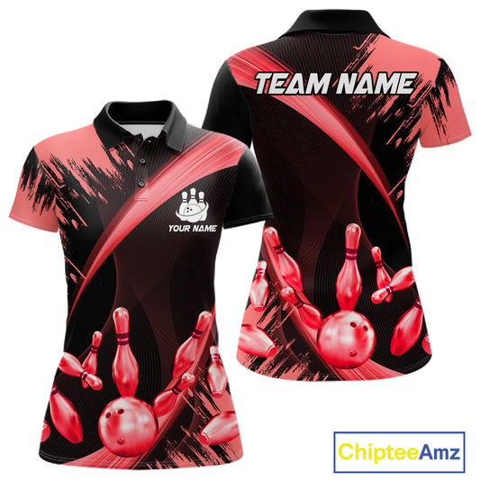 Personalized Black And Red Bowling Polo, Quarter Zip Shirts For Women Custom Bowling Team Jersey TDM7621
