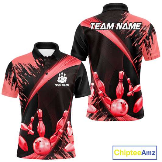 Personalized Black And Red Bowling Polo, Quarter Zip Shirts For Men Custom Bowling Team Jersey TDM7621