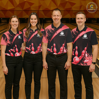 Personalized Black And Red Bowling Polo, Quarter Zip Shirts For Women Custom Bowling Team Jersey TDM7621