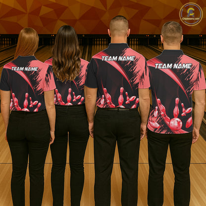 Personalized Black And Red Bowling Polo, Quarter Zip Shirts For Women Custom Bowling Team Jersey TDM7621