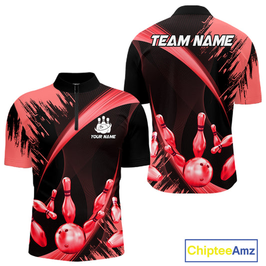 Personalized Black And Red Bowling Polo, Quarter Zip Shirts For Men Custom Bowling Team Jersey TDM7621