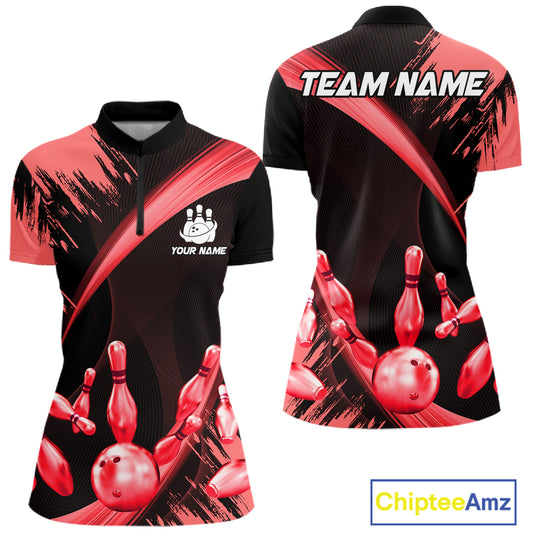 Personalized Black And Red Bowling Polo, Quarter Zip Shirts For Women Custom Bowling Team Jersey TDM7621