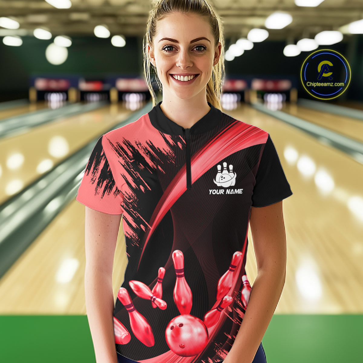 Personalized Black And Red Bowling Polo, Quarter Zip Shirts For Women Custom Bowling Team Jersey TDM7621