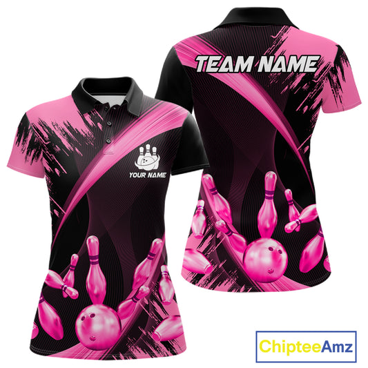 Personalized Pink And Black Bowling Polo, Quarter Zip Shirts For Women Custom Bowling Team Jersey TDM7622