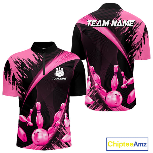 Personalized Pink And Black Bowling Polo, Quarter Zip Shirts For Men Custom Bowling Team Jersey TDM7622