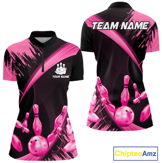 Personalized Pink And Black Bowling Polo, Quarter Zip Shirts For Women Custom Bowling Team Jersey TDM7622