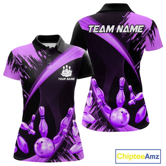 Personalized Black And Purple Bowling Polo, Quarter Zip Shirts For Women Custom Bowling Team Jersey TDM7623