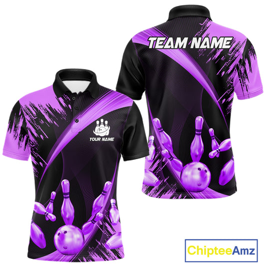 Personalized Black And Purple Bowling Polo, Quarter Zip Shirts For Men Custom Bowling Team Jersey TDM7623
