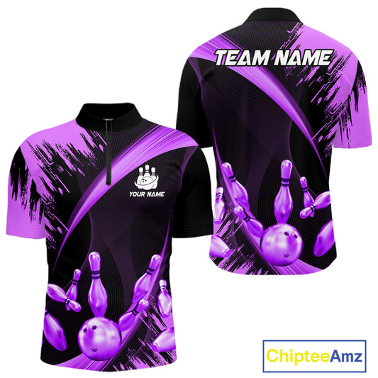 Personalized Black And Purple Bowling Polo, Quarter Zip Shirts For Men Custom Bowling Team Jersey TDM7623