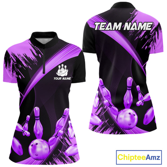 Personalized Black And Purple Bowling Polo, Quarter Zip Shirts For Women Custom Bowling Team Jersey TDM7623