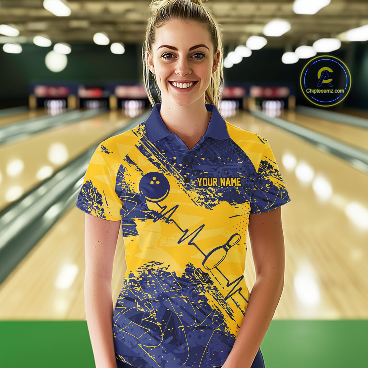 Blue And Yellow Grunge Heartbeat Bowling Polo, 1/4 Zip Shirt For Women Custom Bowling Team Jersey TDM7627