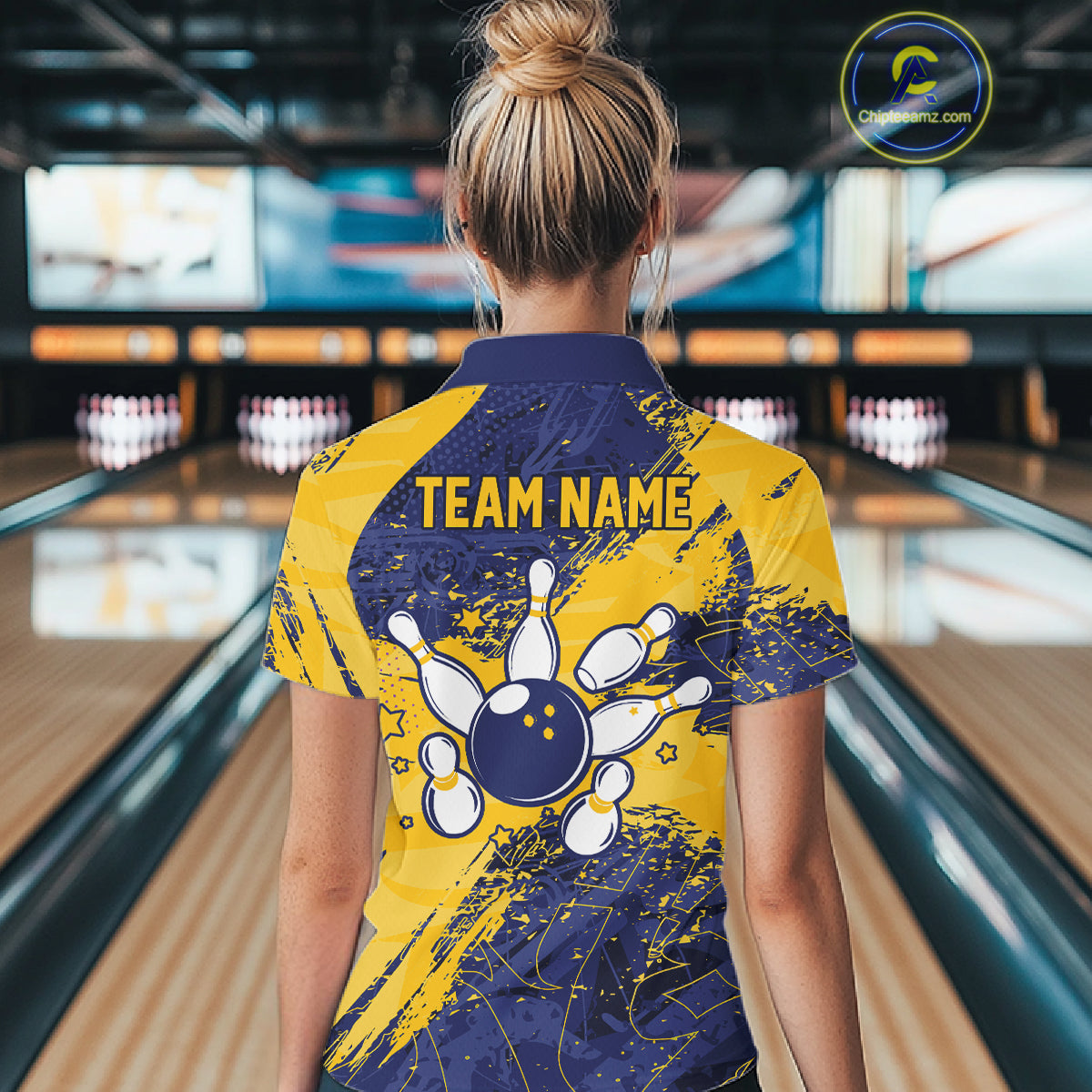 Blue And Yellow Grunge Heartbeat Bowling Polo, 1/4 Zip Shirt For Women Custom Bowling Team Jersey TDM7627