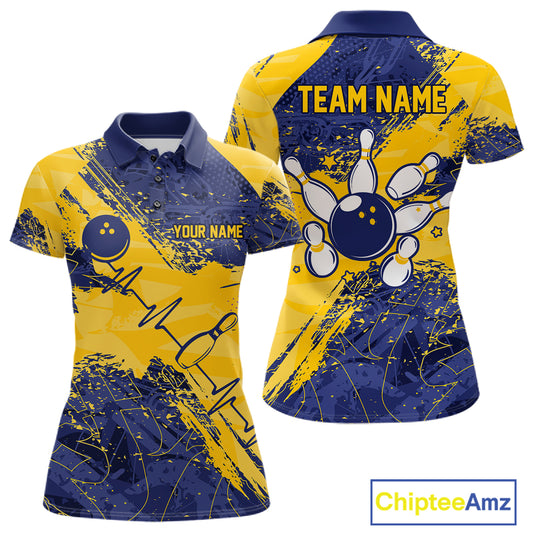 Blue And Yellow Grunge Heartbeat Bowling Polo, 1/4 Zip Shirt For Women Custom Bowling Team Jersey TDM7627