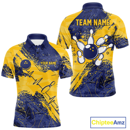 Blue And Yellow Grunge Heartbeat Bowling Polo, 1/4 Zip Shirt For Men Custom Bowling Team Jersey TDM7627