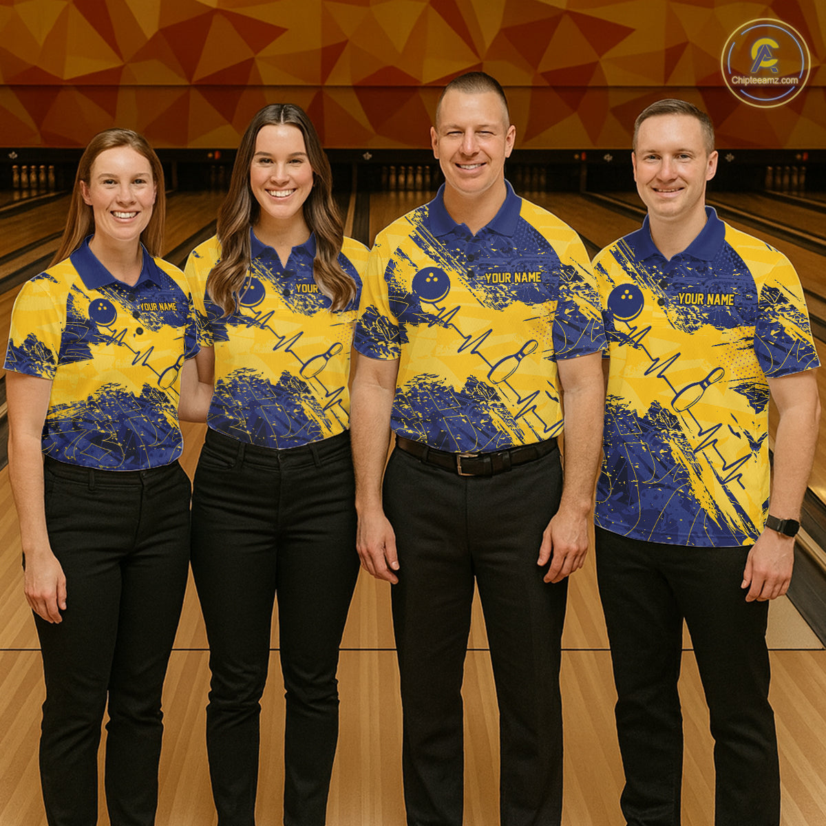 Blue And Yellow Grunge Heartbeat Bowling Polo, 1/4 Zip Shirt For Women Custom Bowling Team Jersey TDM7627
