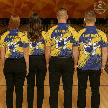 Blue And Yellow Grunge Heartbeat Bowling Polo, 1/4 Zip Shirt For Women Custom Bowling Team Jersey TDM7627