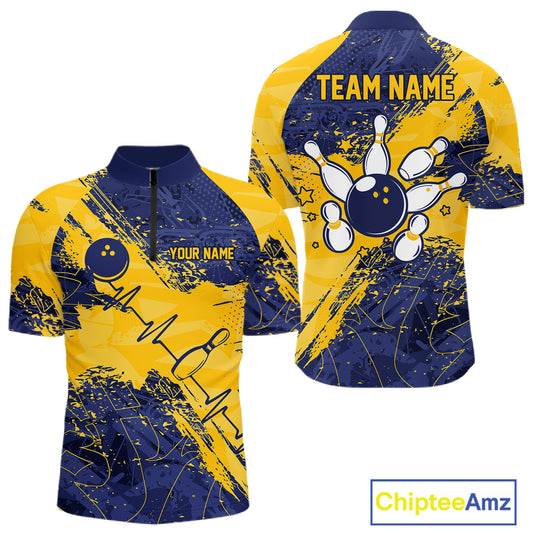 Blue And Yellow Grunge Heartbeat Bowling Polo, 1/4 Zip Shirt For Men Custom Bowling Team Jersey TDM7627