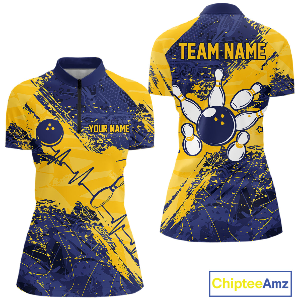 Blue And Yellow Grunge Heartbeat Bowling Polo, 1/4 Zip Shirt For Women Custom Bowling Team Jersey TDM7627