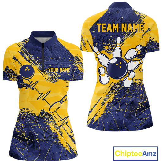 Blue And Yellow Grunge Heartbeat Bowling Polo, 1/4 Zip Shirt For Women Custom Bowling Team Jersey TDM7627